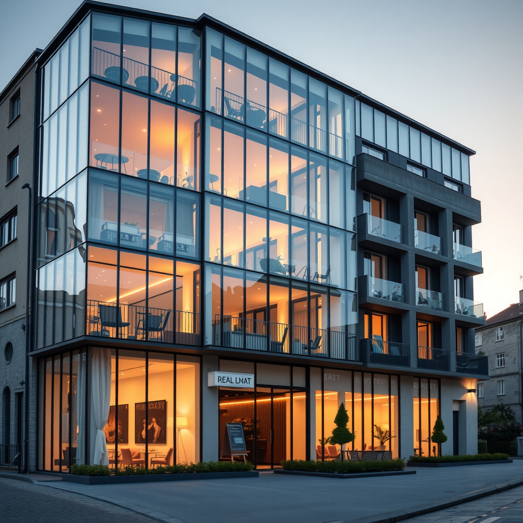 Modern European real estate building with glass facade, contemporary architecture, urban skyline, investment property showcase