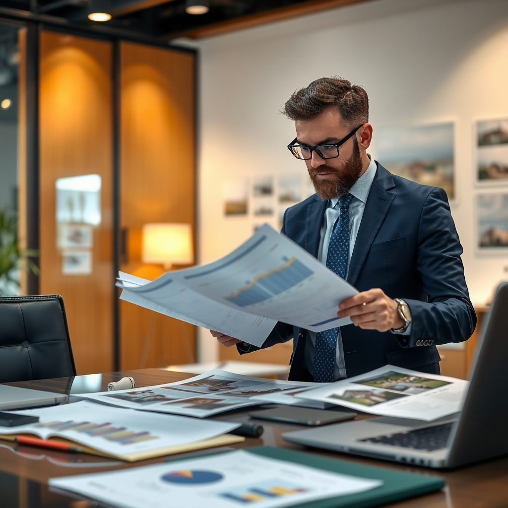 Professional property valuator reviewing detailed market assessment reports and appraisal documents in modern office setting with charts and property images