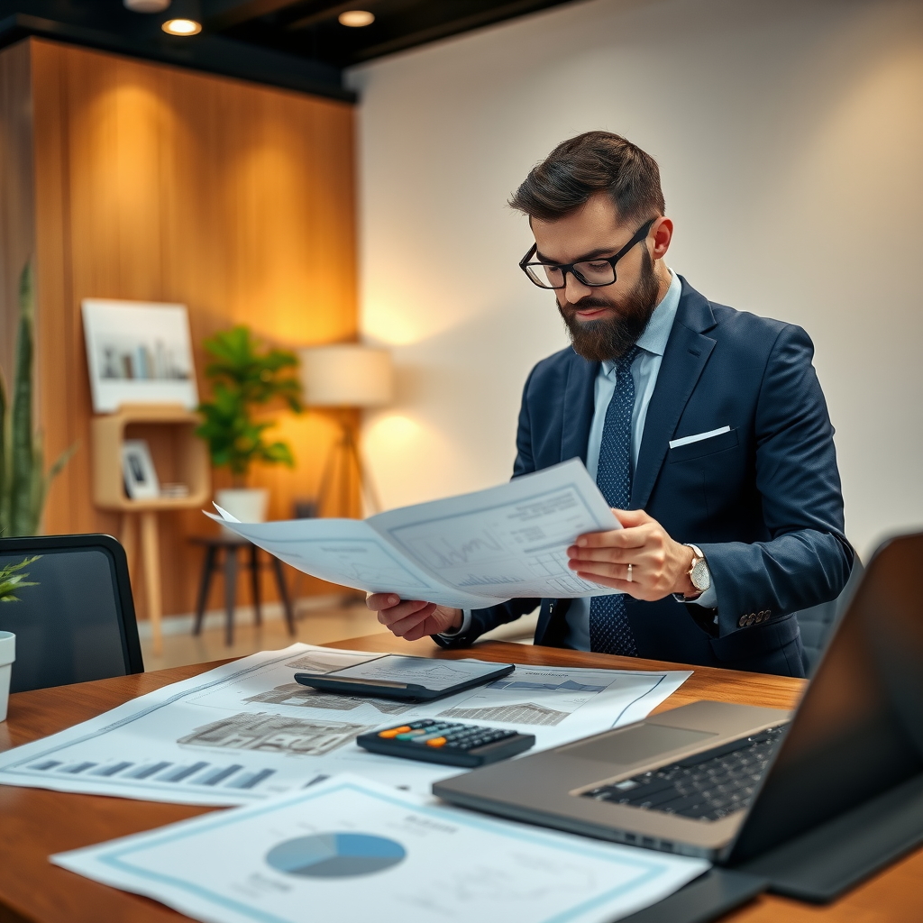Professional property valuator in modern office reviewing detailed property documents, blueprints, and market analysis reports on desk with laptop and calculator, representing expert real estate appraisal services