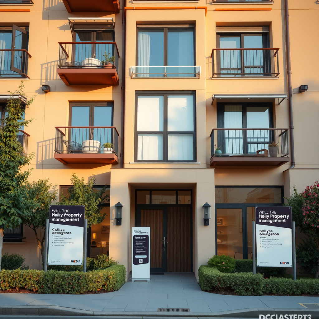 Modern European apartment building exterior with well-maintained facade, landscaped entrance, and professional property management signage showing quality property management standards