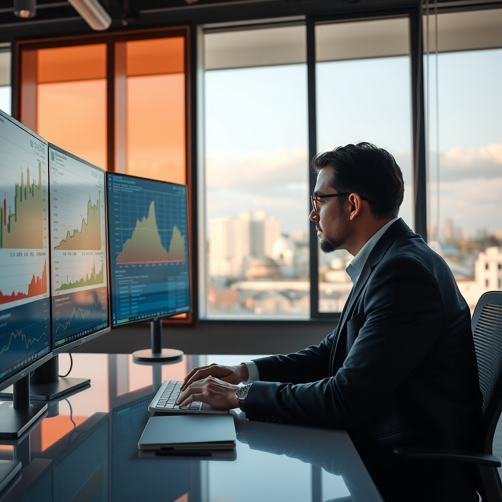 Professional real estate investment consultant analyzing market data and property portfolios on multiple screens in modern office with European city skyline visible through windows