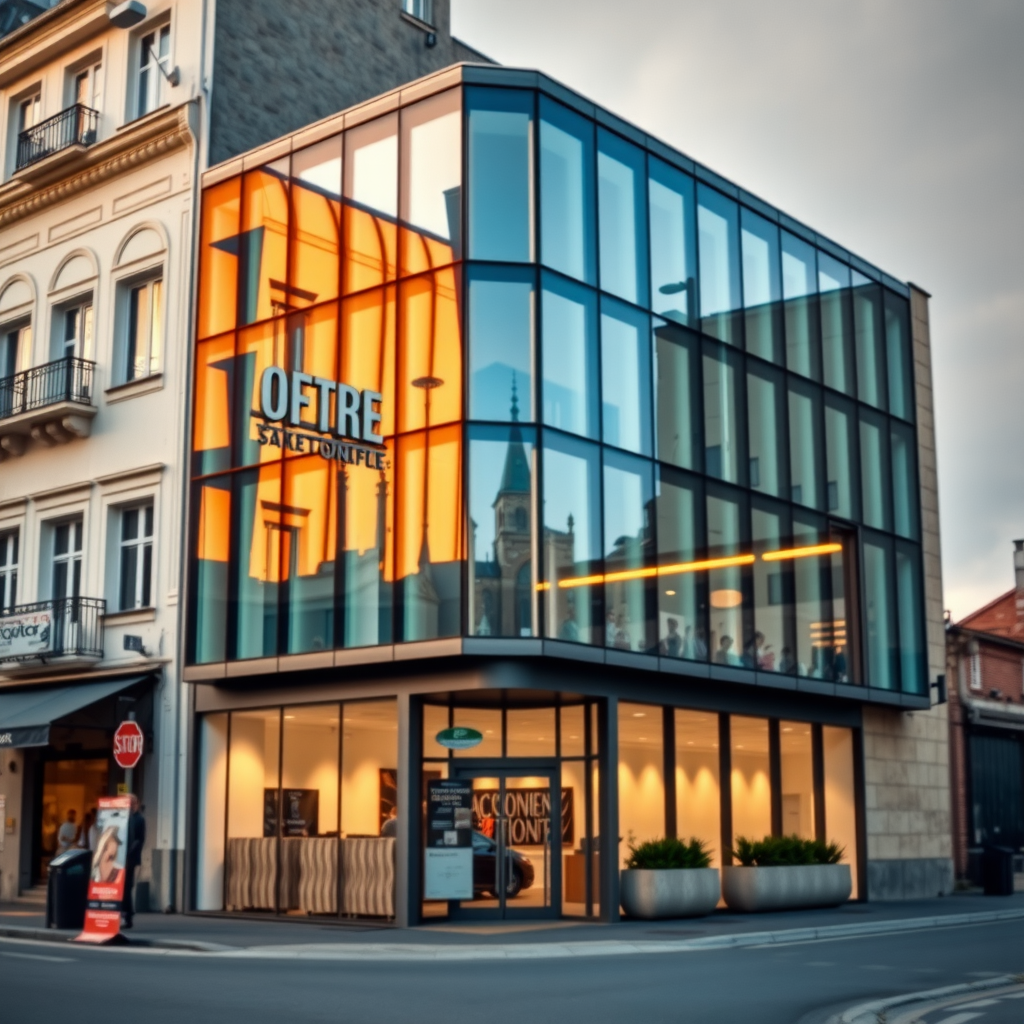 Modern commercial office building with glass facade in European business district