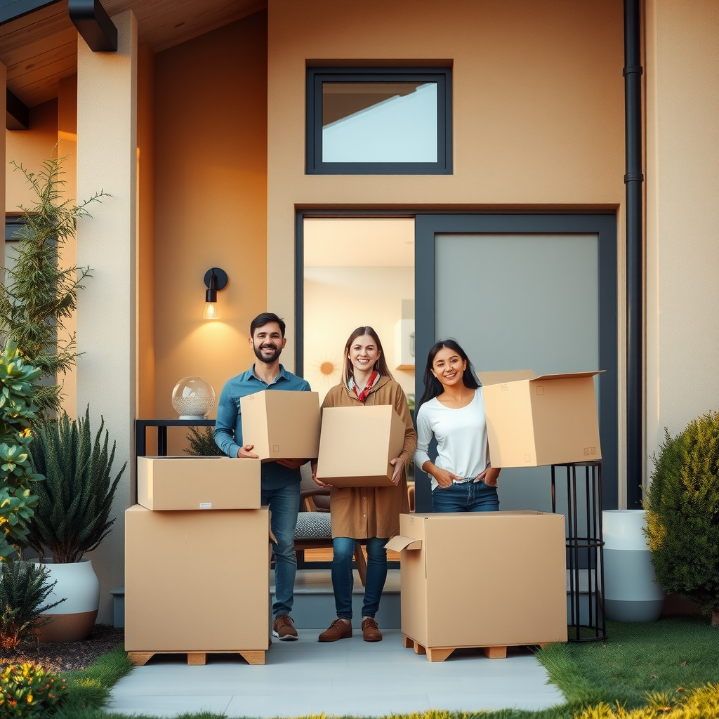 Happy family with moving boxes standing in front of their new European home, bright and welcoming atmosphere with modern architecture