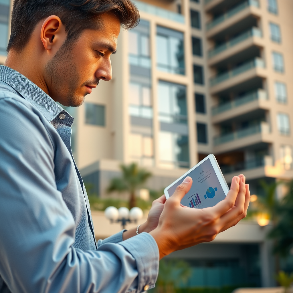 Property management professional using tablet to coordinate building maintenance, tenant communications, and rent collection with modern apartment building in background