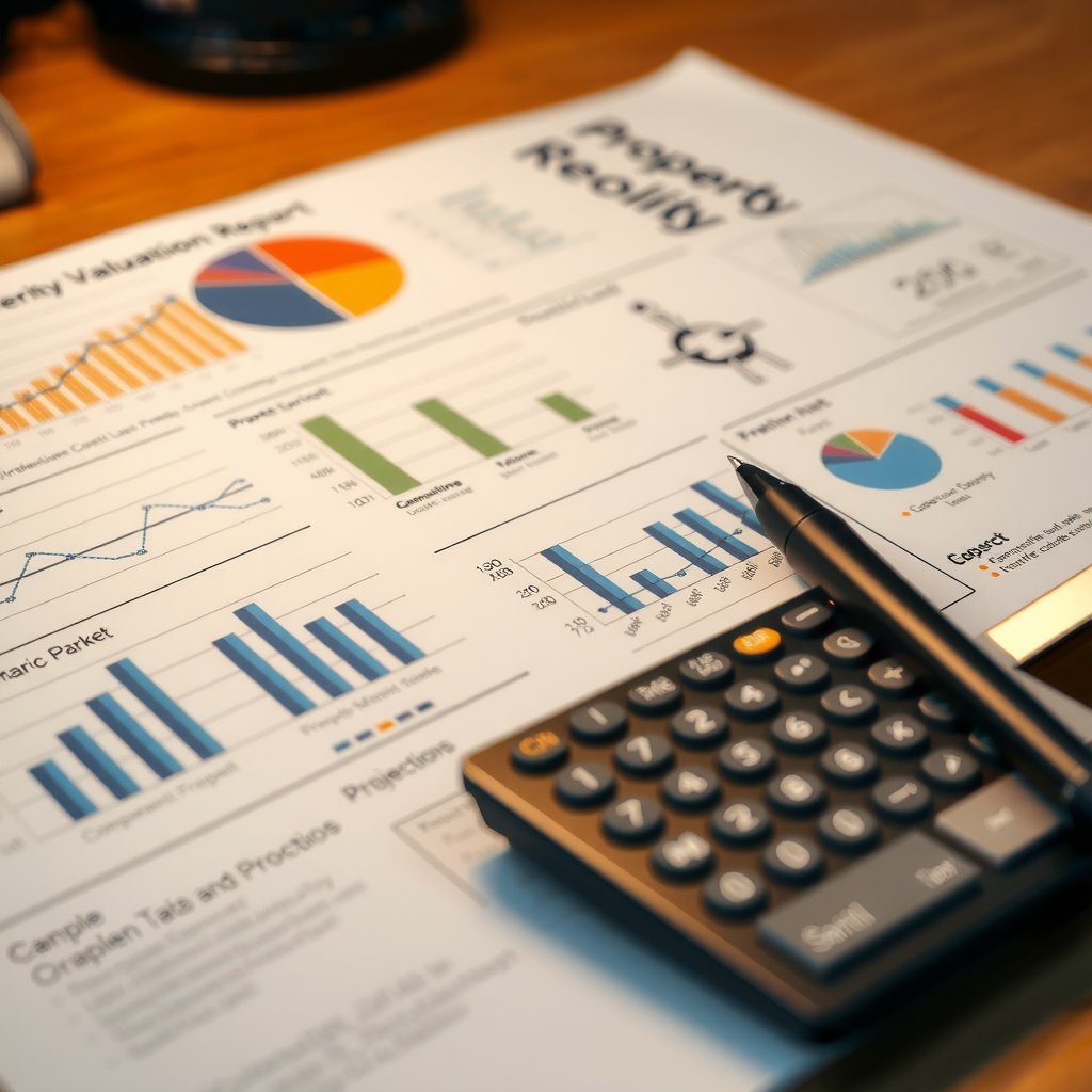 Detailed property valuation report showing comprehensive market analysis, comparative property data, charts, graphs, and financial projections spread across desk with professional calculator and pen