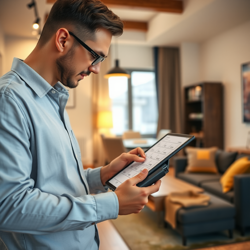 Professional property manager conducting detailed property inspection with digital tablet and checklist in modern apartment interior, checking maintenance items and documenting property condition
