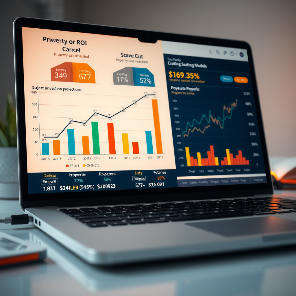 Detailed financial charts and ROI projection models displayed on laptop screen showing property investment returns cash flow analysis and growth projections over time