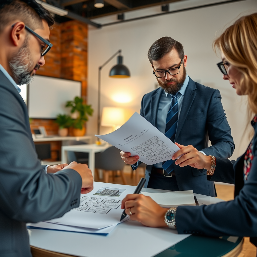 Real estate professionals reviewing commercial lease documents and property floor plans with business clients