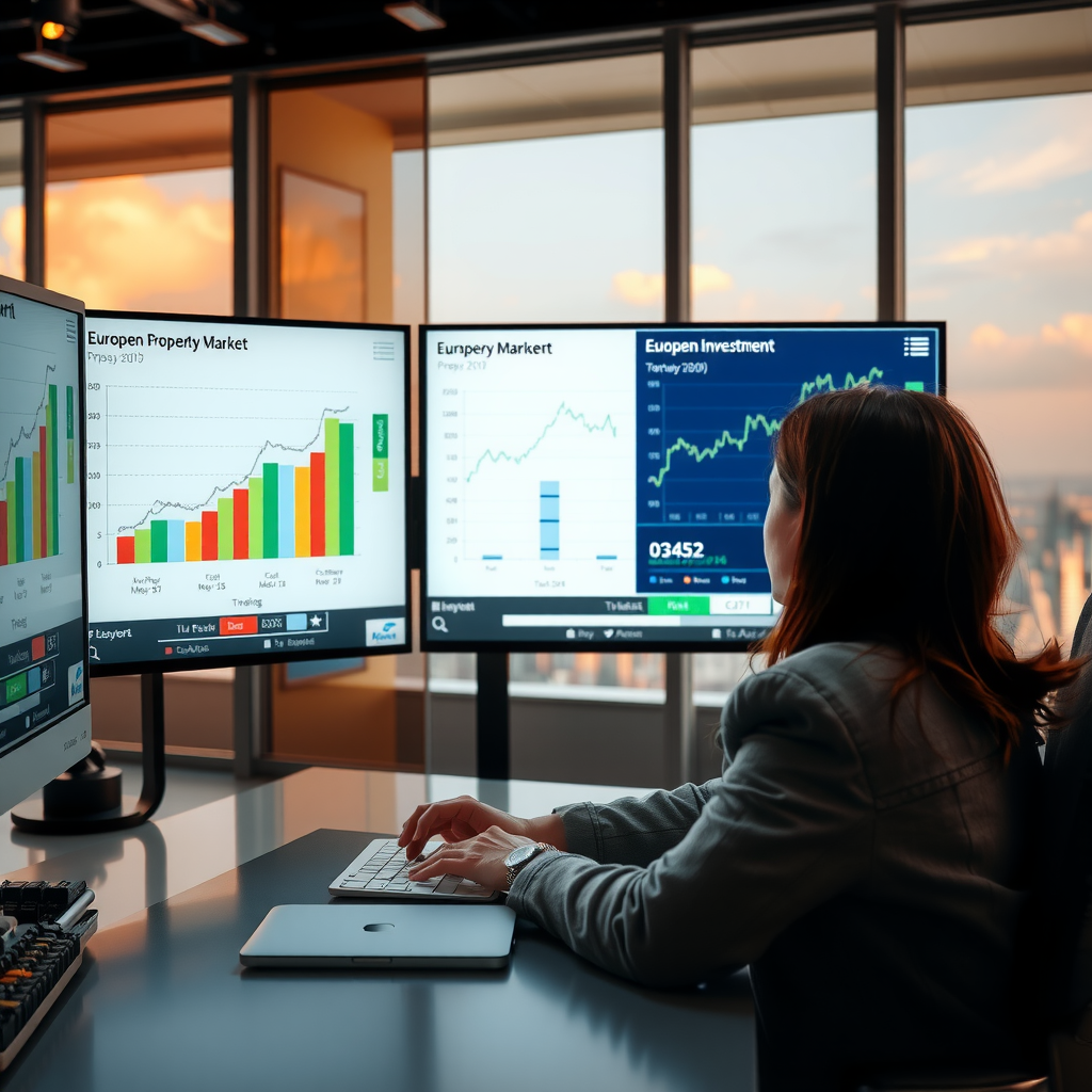 Real estate investment consultant reviewing European property market analysis, ROI projections, and portfolio diversification strategies on multiple screens with city skyline view