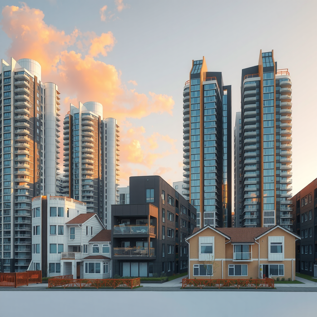 Diverse portfolio of modern residential apartments and commercial office buildings showcasing various property types available for foreign investor valuation services, including high-rise developments and mixed-use properties