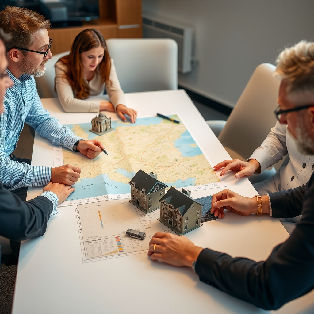 Investment team reviewing property acquisition strategy documents and location maps spread across conference table with architectural models of European buildings