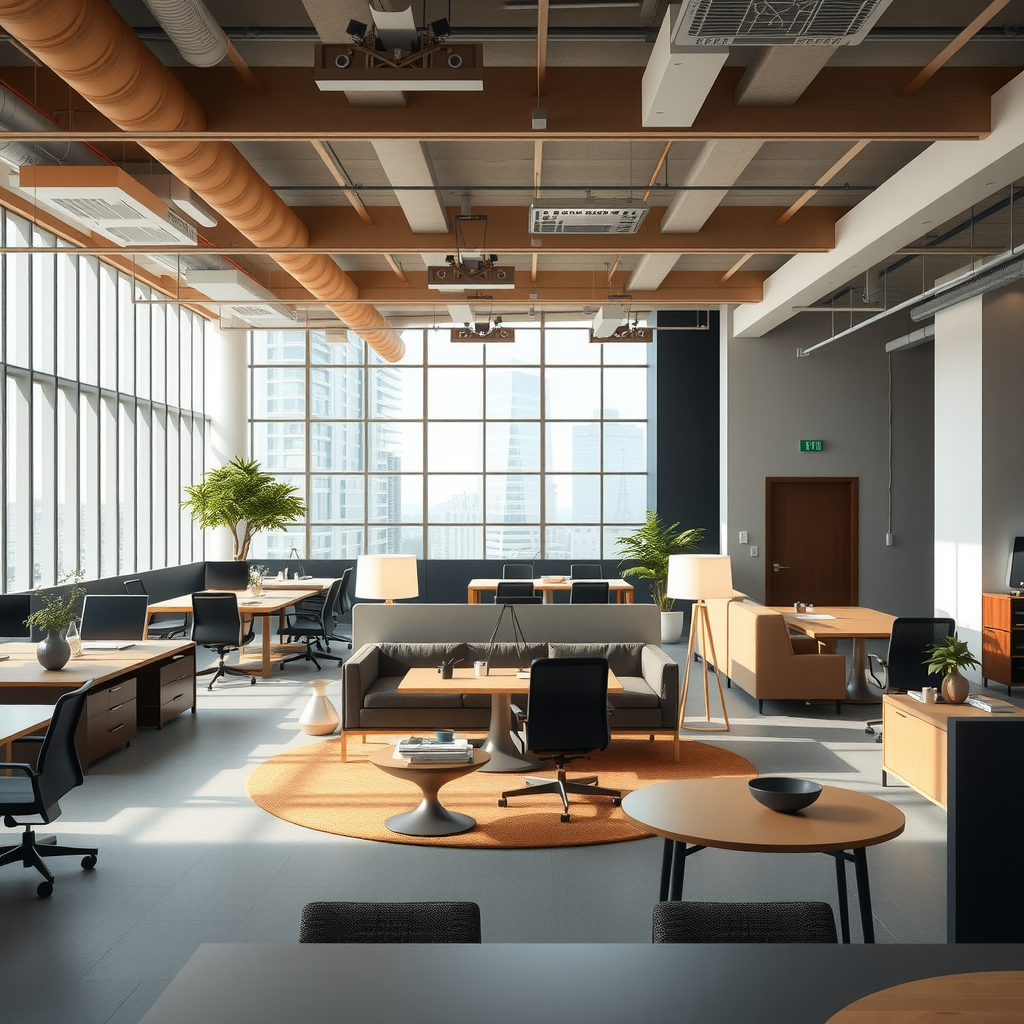 Contemporary open-plan office space with modern furniture, natural lighting, and collaborative work zones
