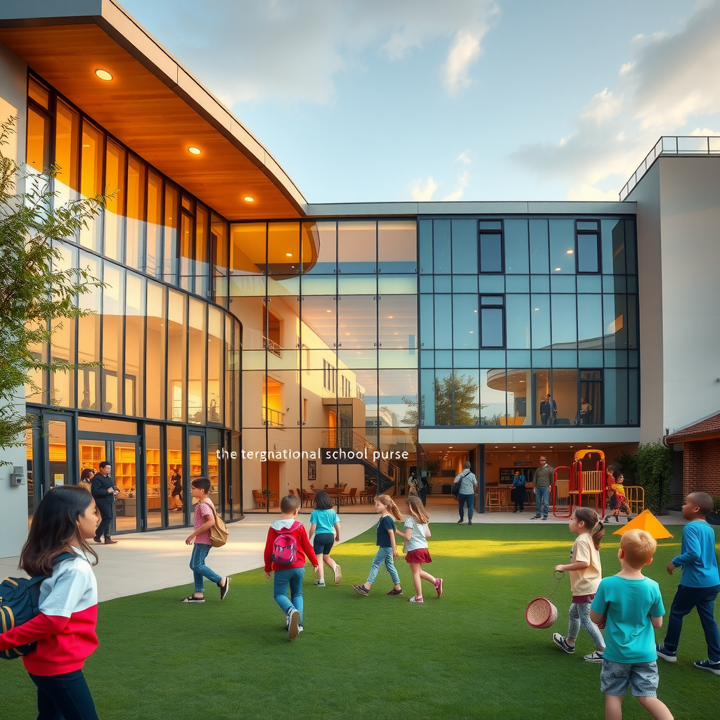 Modern international school building with diverse students, playground, and contemporary educational facilities in European setting