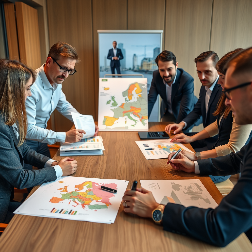 Diverse group of international investors and consultants collaborating around table with European property documents maps and digital presentations showing cross-border investment opportunities
