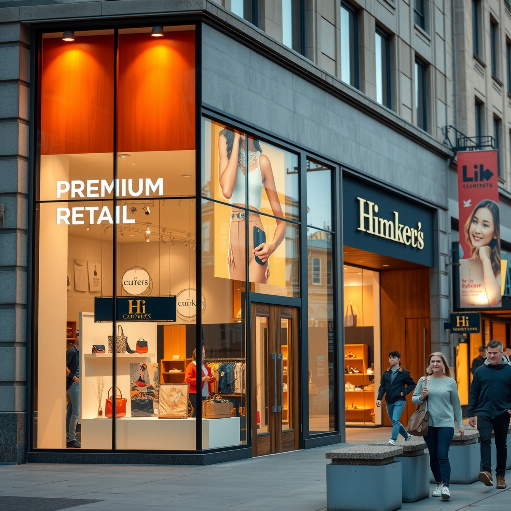 Premium retail storefront location in high-traffic shopping district with large display windows and pedestrian activity