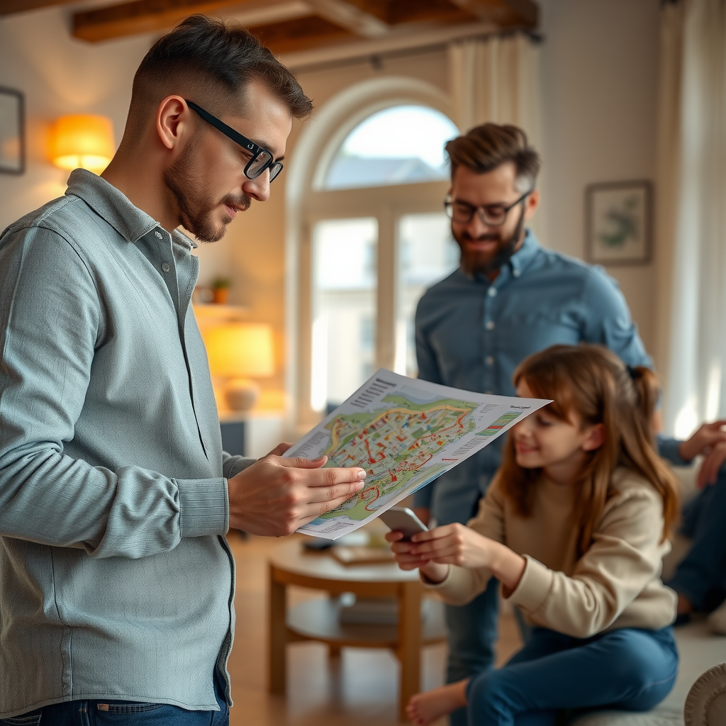 Relocation specialist helping international family settle into new European home, showing neighborhood maps, school information, and local amenities with welcoming atmosphere