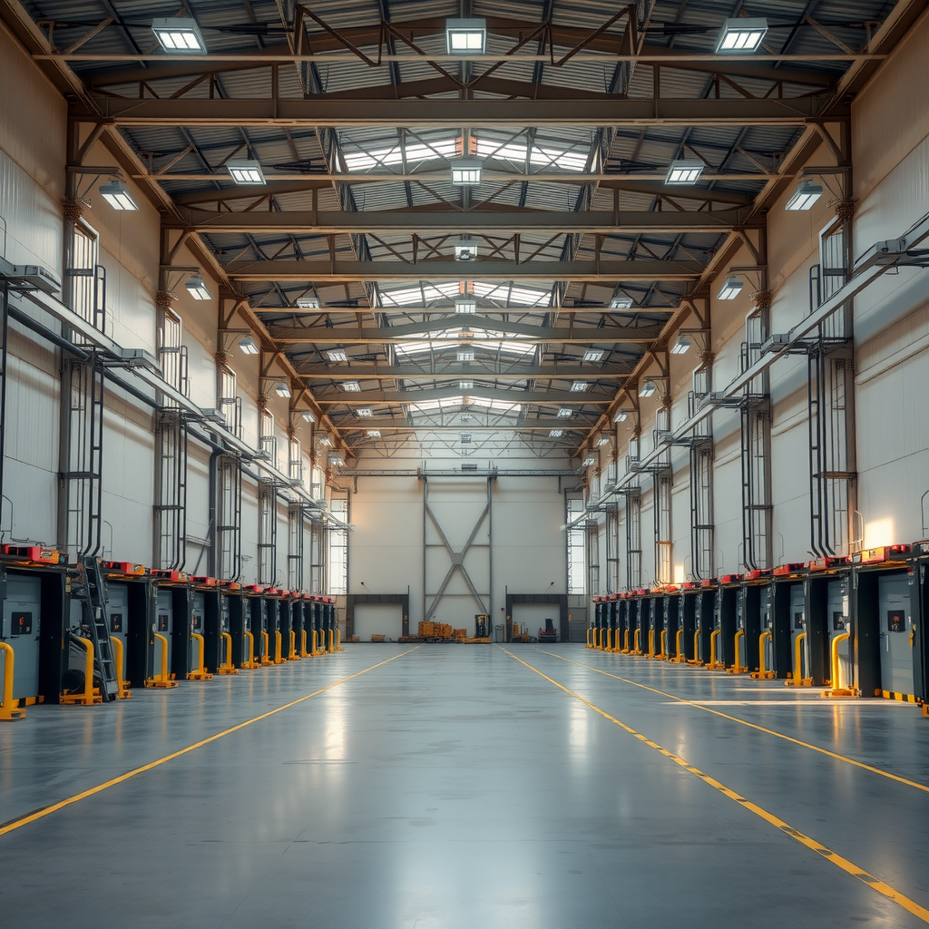 Spacious industrial warehouse with multiple loading docks, high ceilings, and modern logistics infrastructure